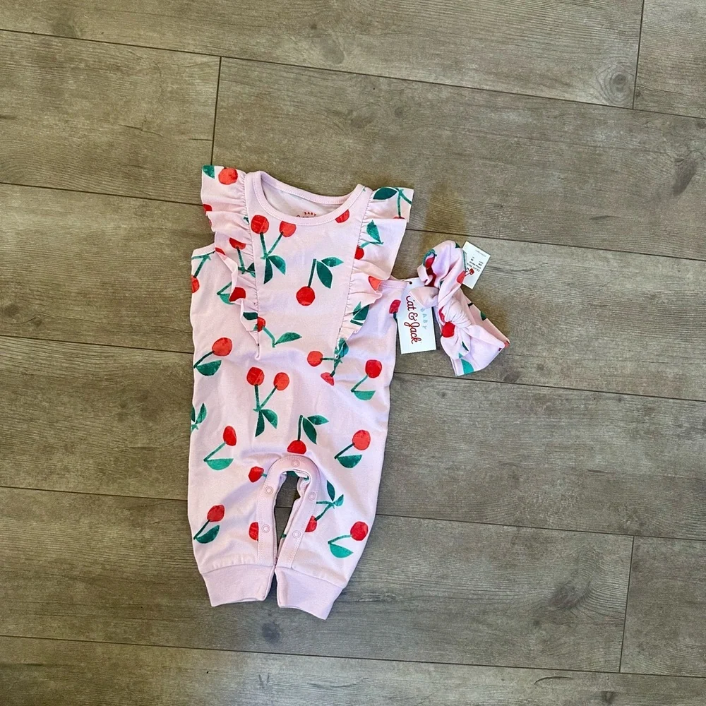 New Cat & Jack Baby Girl 0-3 Months Cherry Romper & Headband Accessorym - Picture 2 of 7